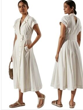 Anthropologie Maeve White Poplin Midi Shirtdress 8P Cutout Back